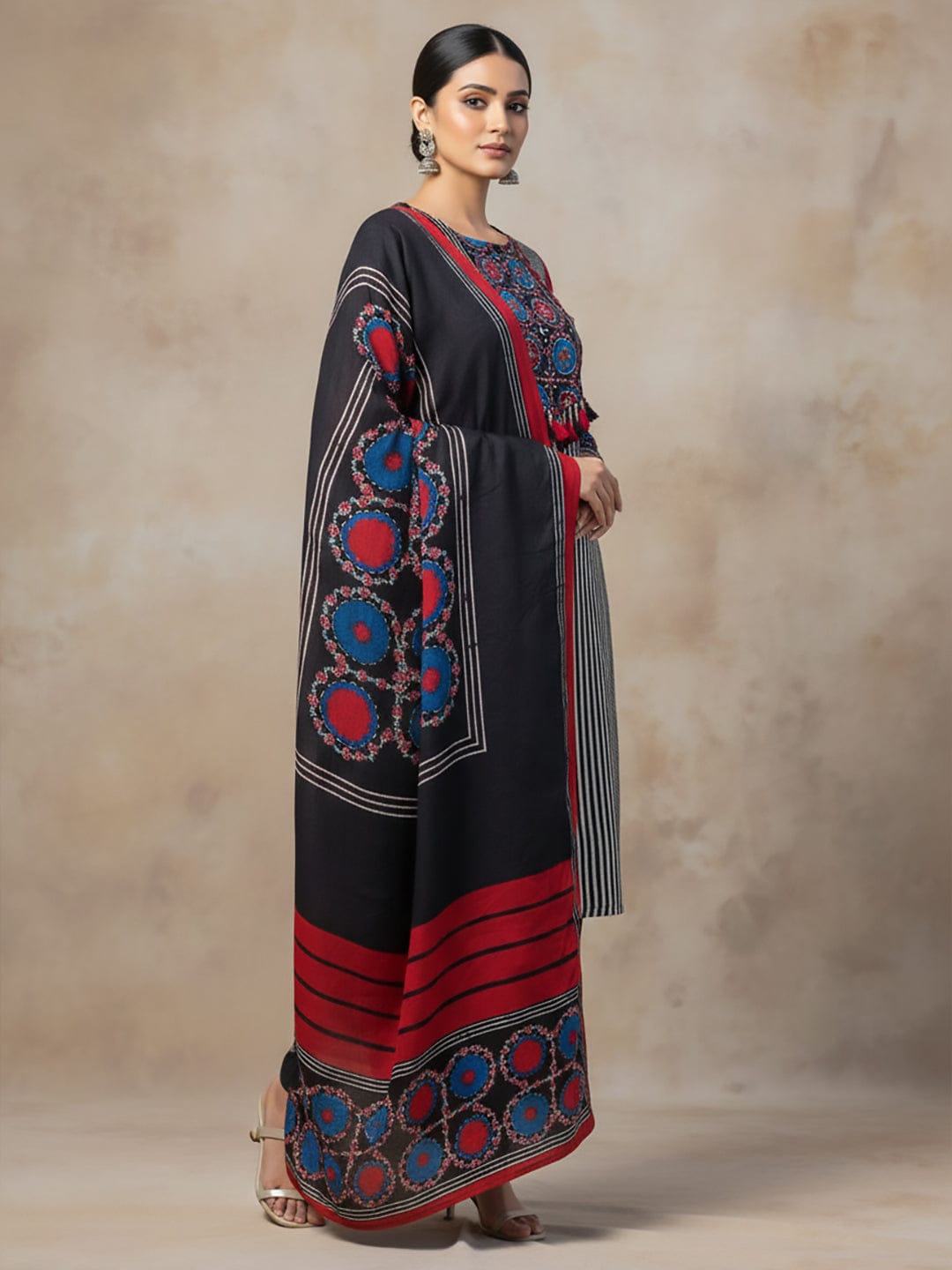 Stylish Black Straight-Fit Kurta with striped,Mughal & Ajarakh Print, Embellished Yoke, Dupatta & Trousers