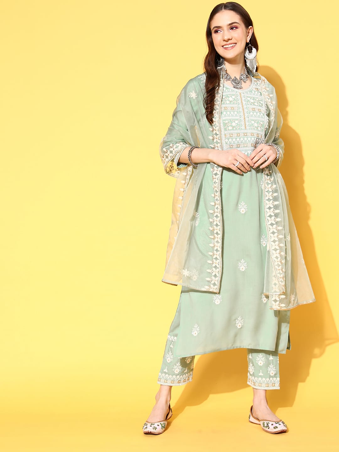 The Kurti Collection Women Sea Green Embroidered Kurta Paired With Tonal Trouser And Dupatta