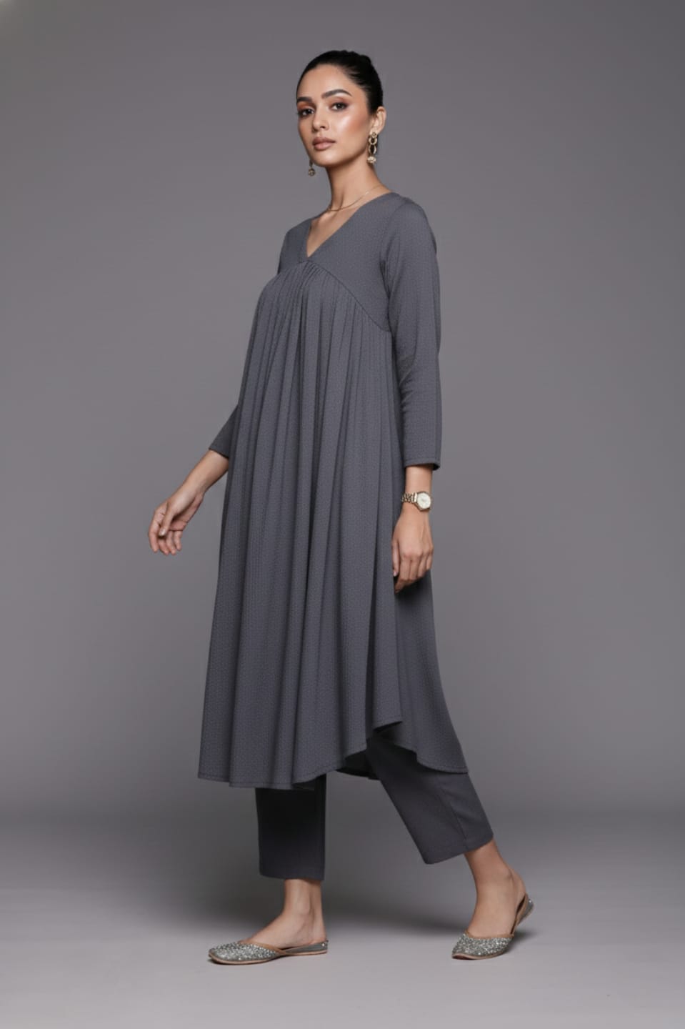 The Kurti Collection Women Grey Empire Gathered Details A-Line Kurta Paired With Tonal Bottom
