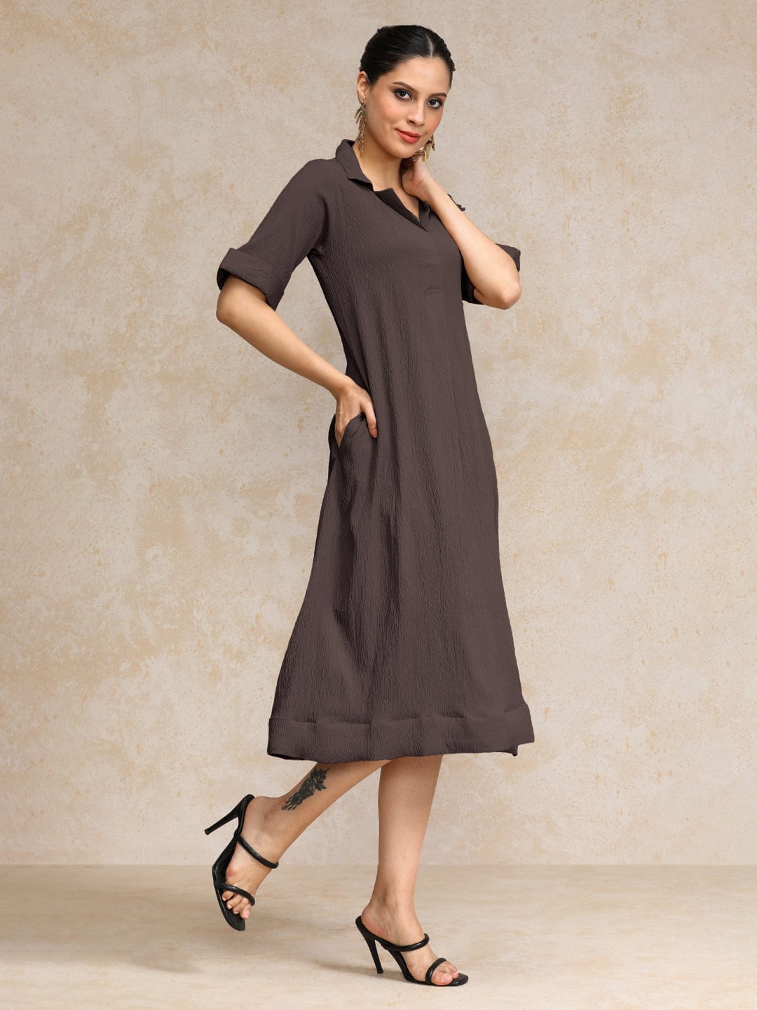 The Kurti Collection Women Beige Shirt Collar A Line Dress