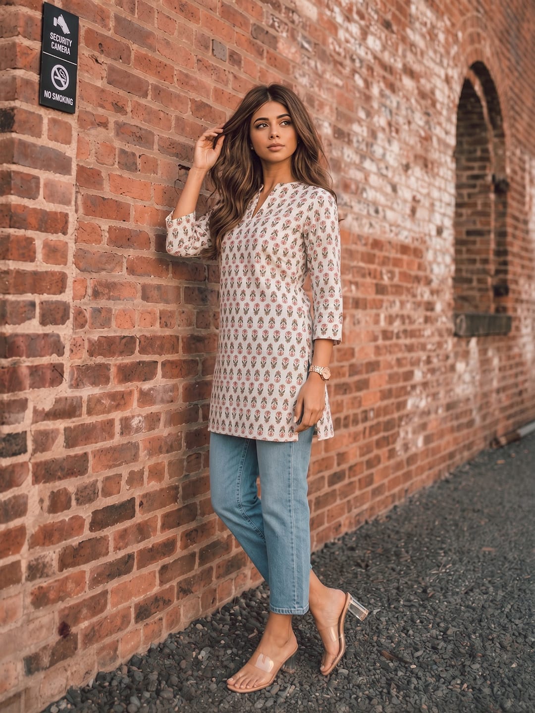 Women's Off-White Floral Block Print Tunic Top