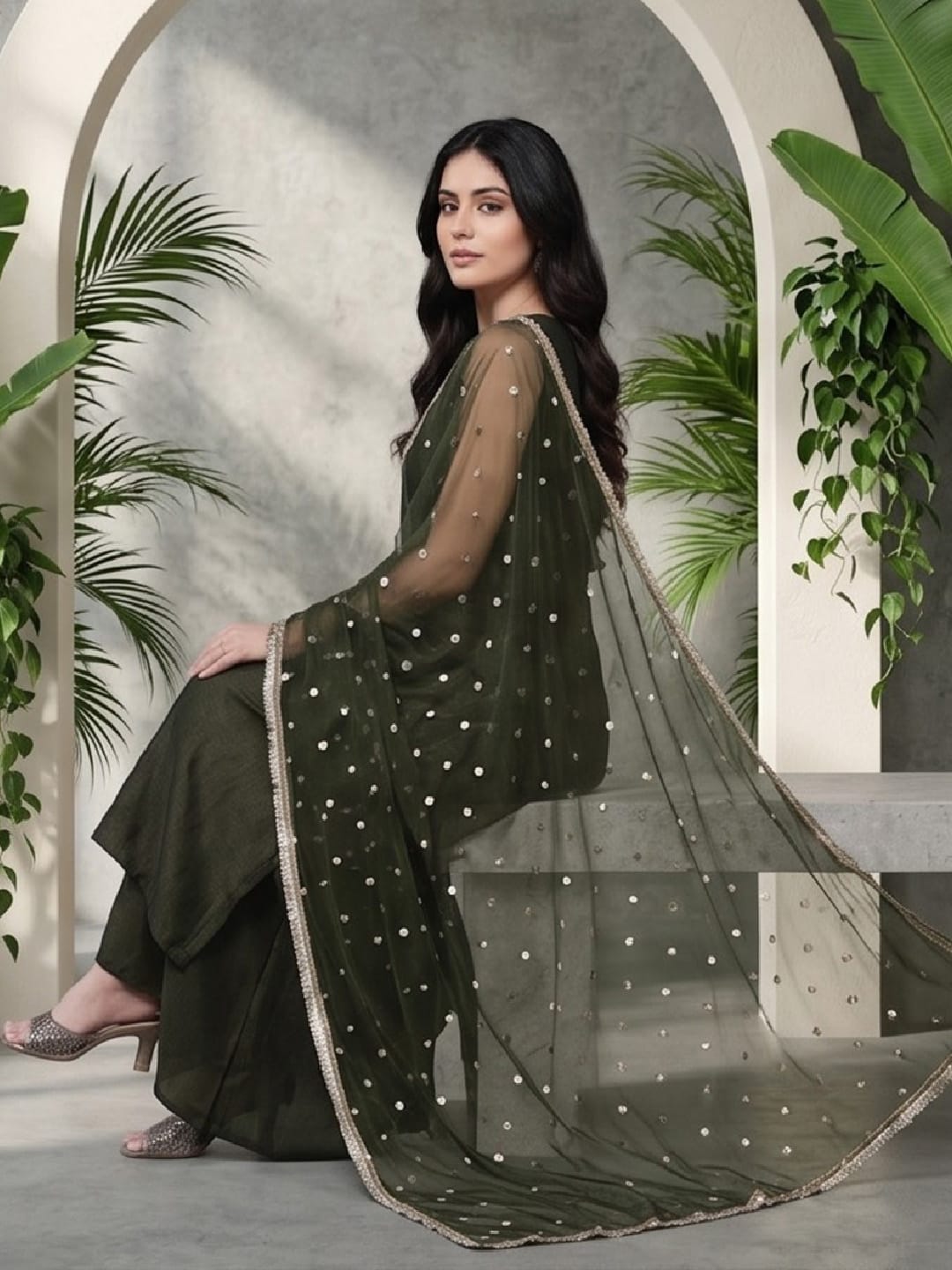 The Kurti Collection Women Olive Green Lace Embellished Sleeveless Straight Kurta Paired With Tonal Plazzo And Dupatta