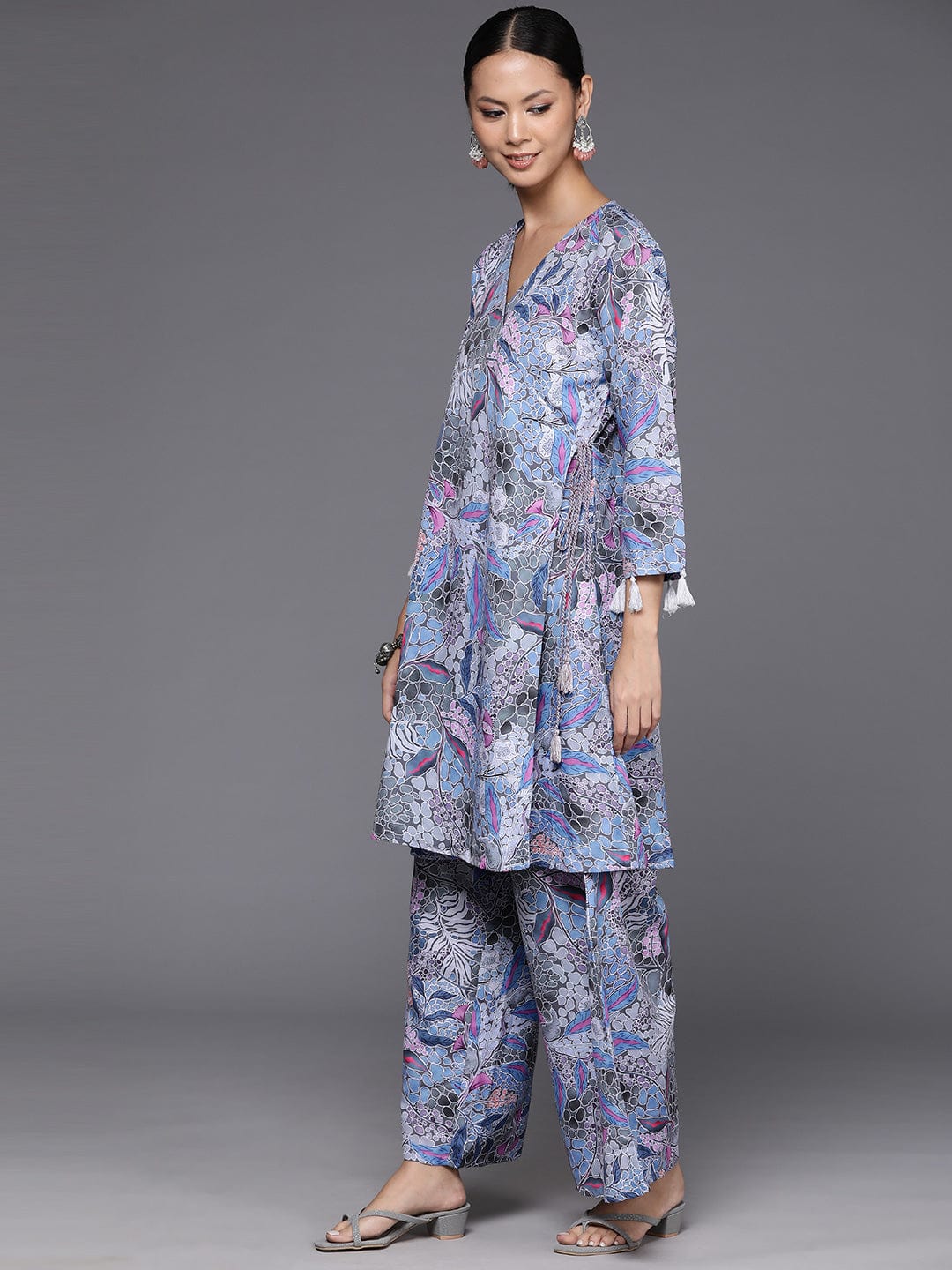 KSUT Women Grey Abstract Printed Angrakha Style Kurta With Bottom