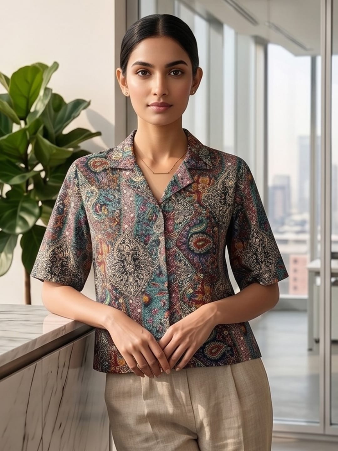 Multi Coloured Short Sleeves Shirt Collar Top