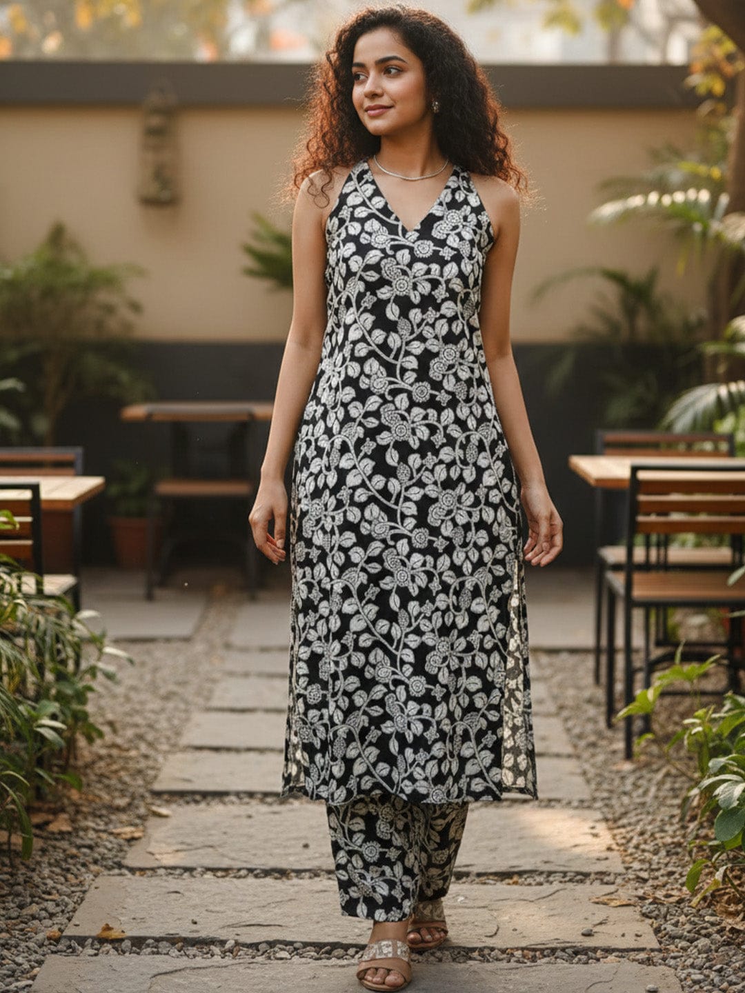 Sleeveless halter-neck floral kurta set in black and white tone, styled with printed full-length trousers.