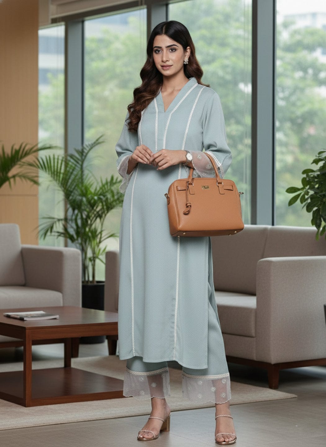 The Kurti Collection Women Sea Green Organza And Lace Detailed Kurta Set