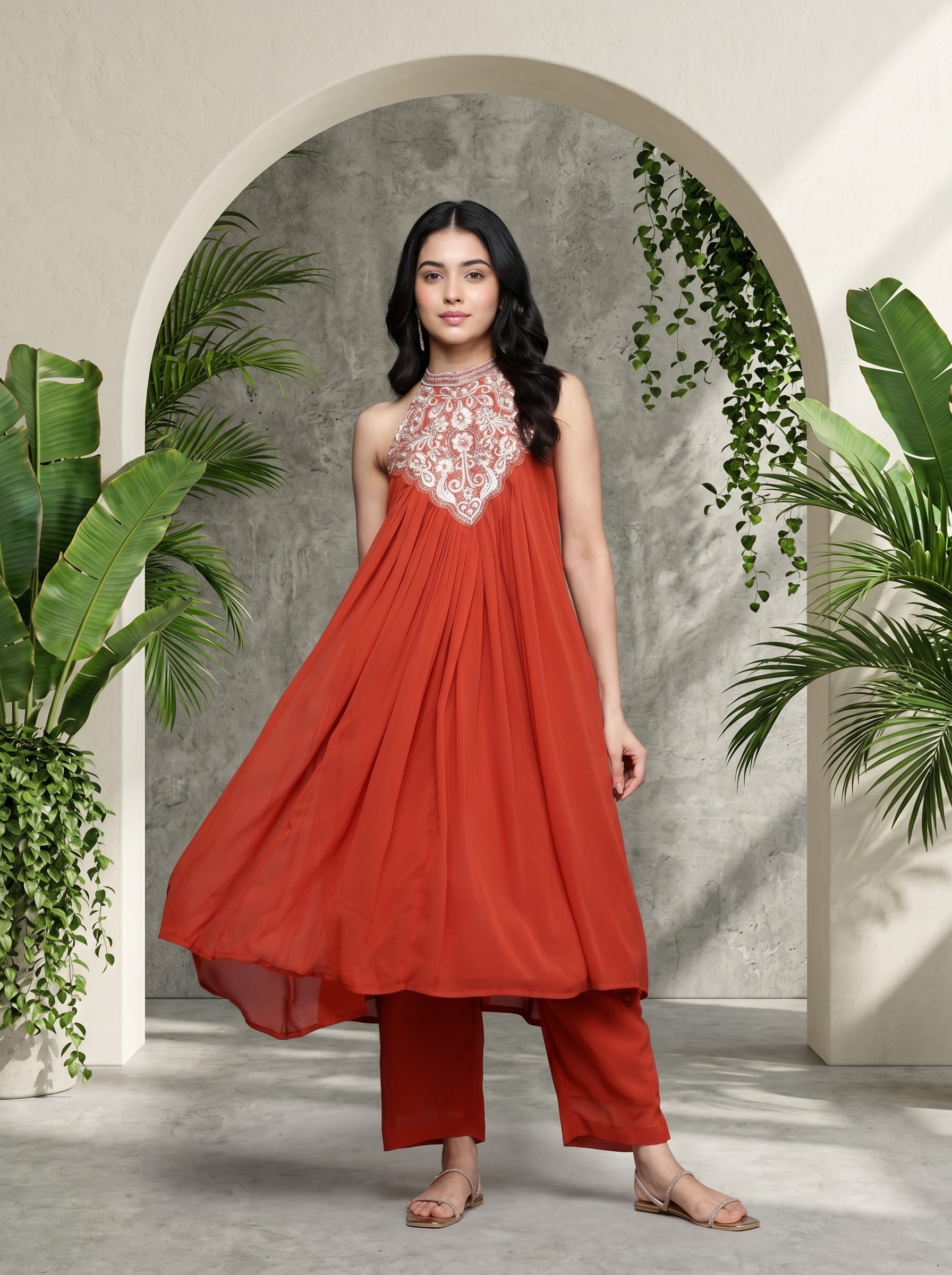 Varanga Women Halter Neck Zari And Sequence Embroidered Sleeveless Flared Kurta Paired With Tonal Bottom