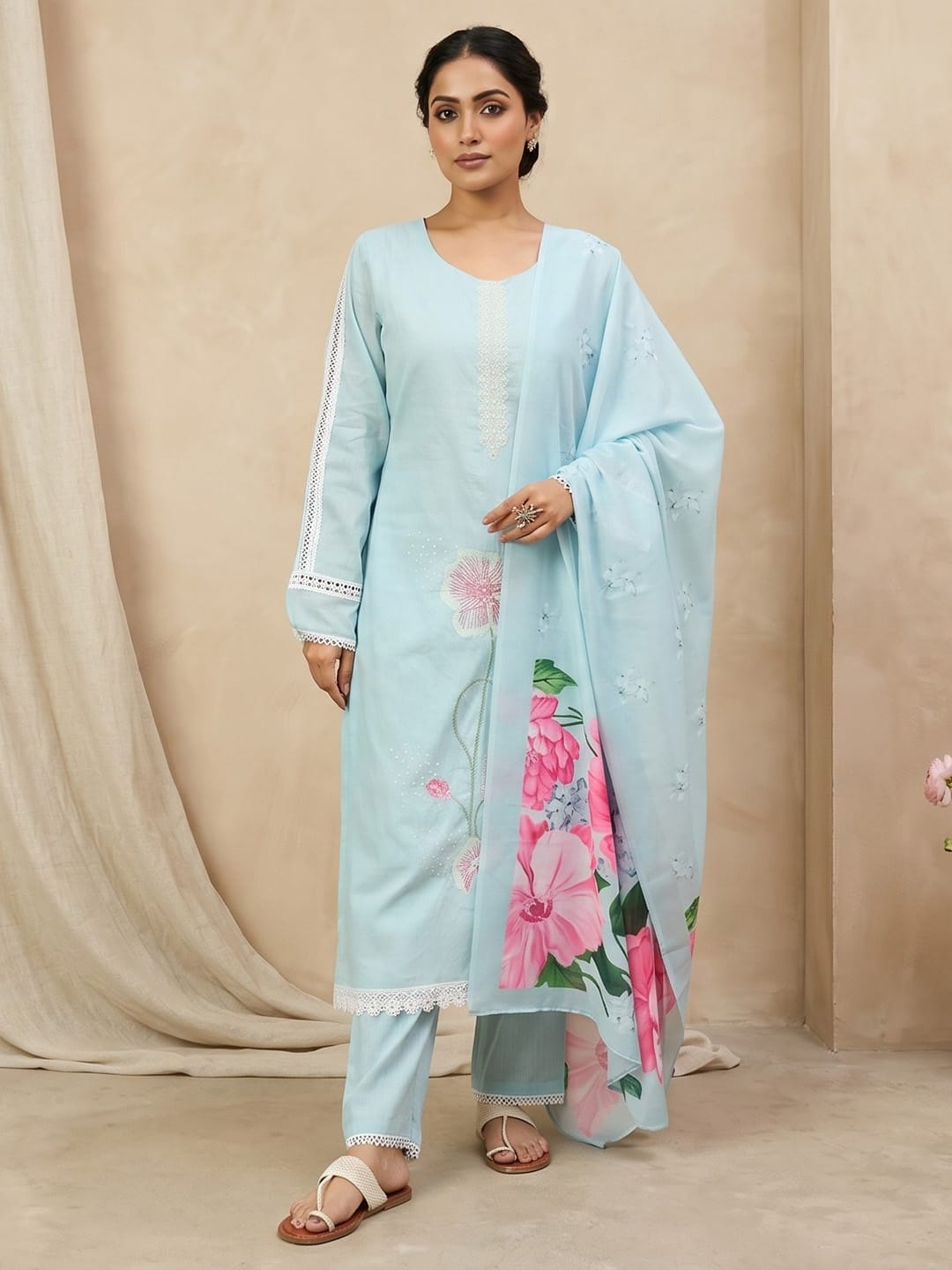 The Kurti Collection Women Sky Blue Straight-Fit Kurta With Printed Dupatta