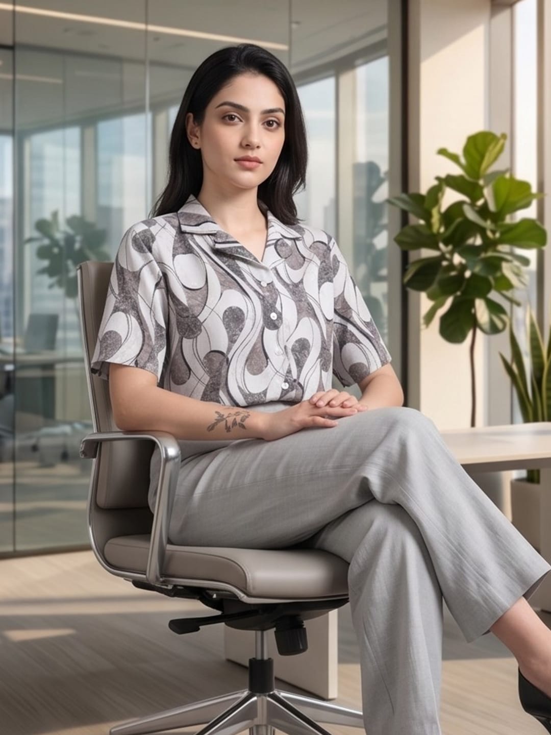 Grey Coloured Short Sleeves Shirt Collar Top