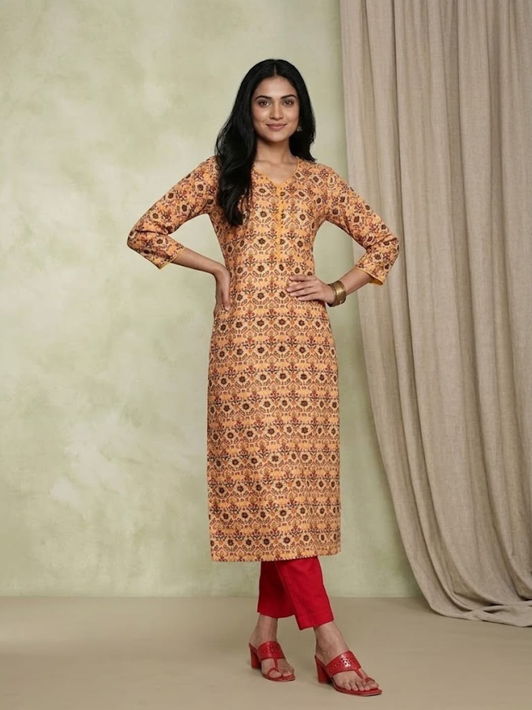 The Kurti Collection Yellow colour V neck allover print kurta