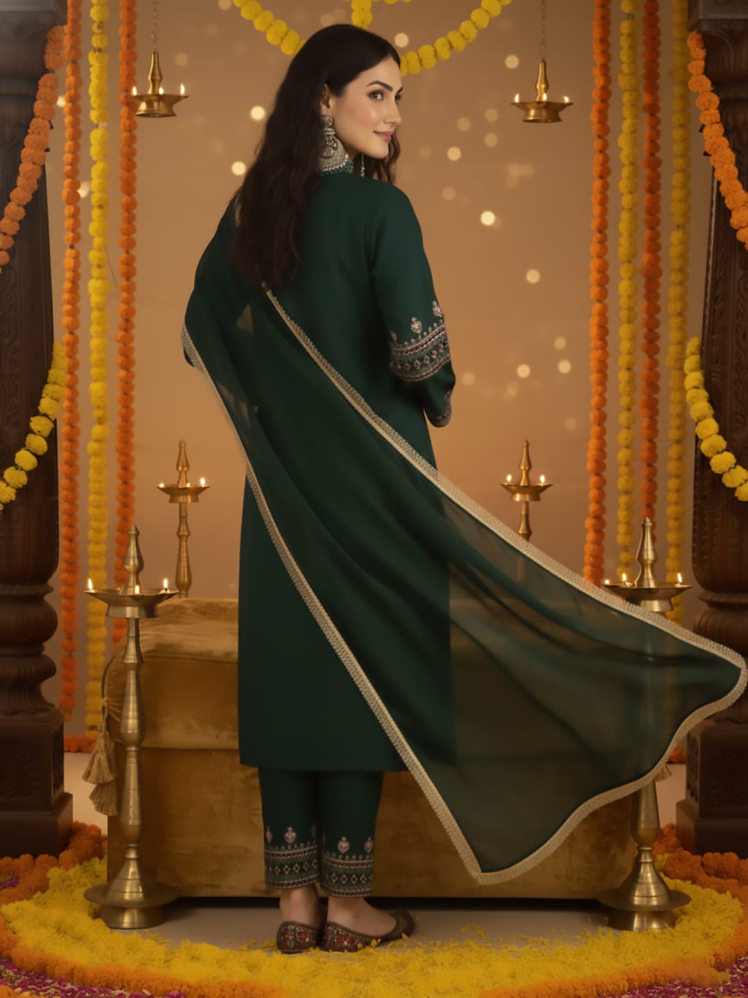The Kurti Collection Women Green Embroidered Straight Kurta Paired With Tonal Embroidered Bottom And With Tonal Chiffon Dotted Dupatta