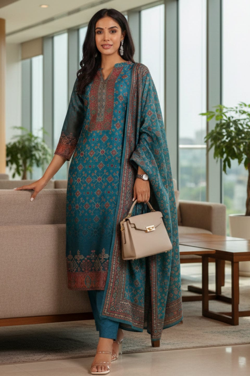 The Kurti Collection Women Patola Printed, Teal & Beige Mandrin Collar ,Straight Kurta With Solid Bottom And Printed Dupatta
