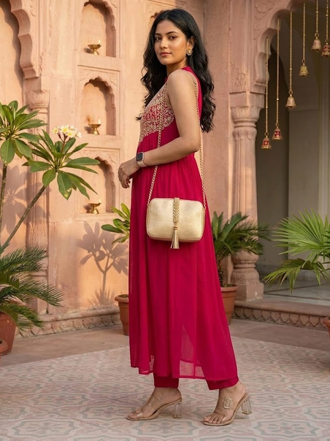 Magenta Sleeveless Fusion Kurta Set with Intricate Bodice Work