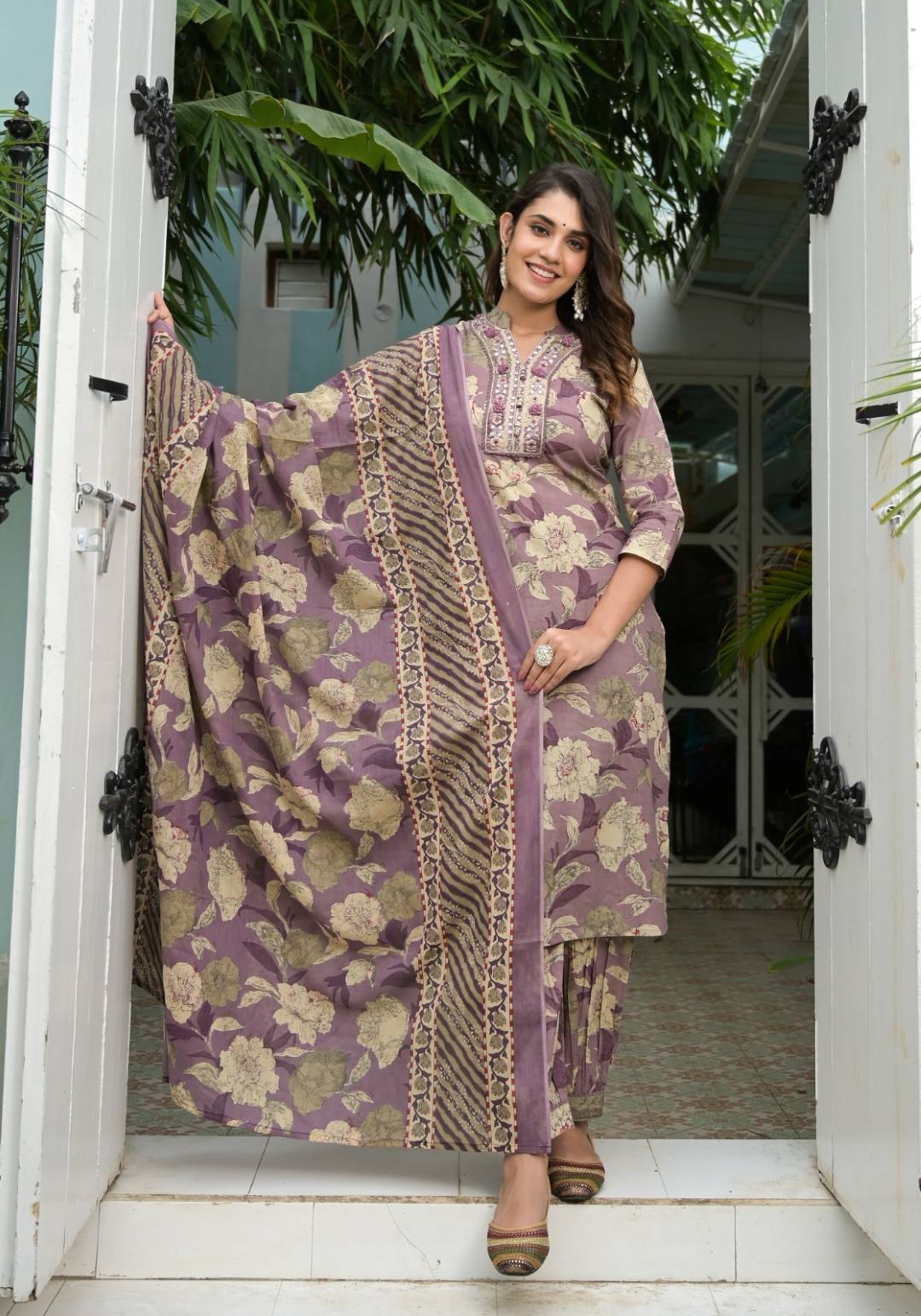 The Kurti Collection Women Lavender Floral Printed Mirror Embellished Straight Kurta Paired With Afghani Bottom And Printed Dupatta