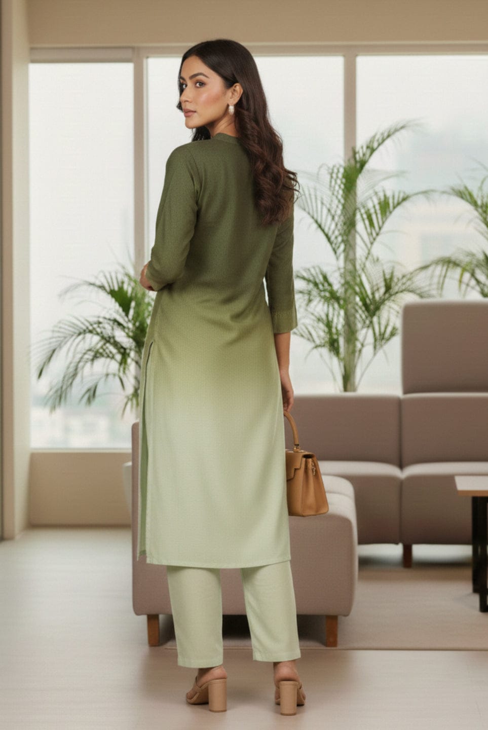 The Kurti Collection Women Mandarin Collar Placement Embroidered Kurta Paired With Tonal Bottom