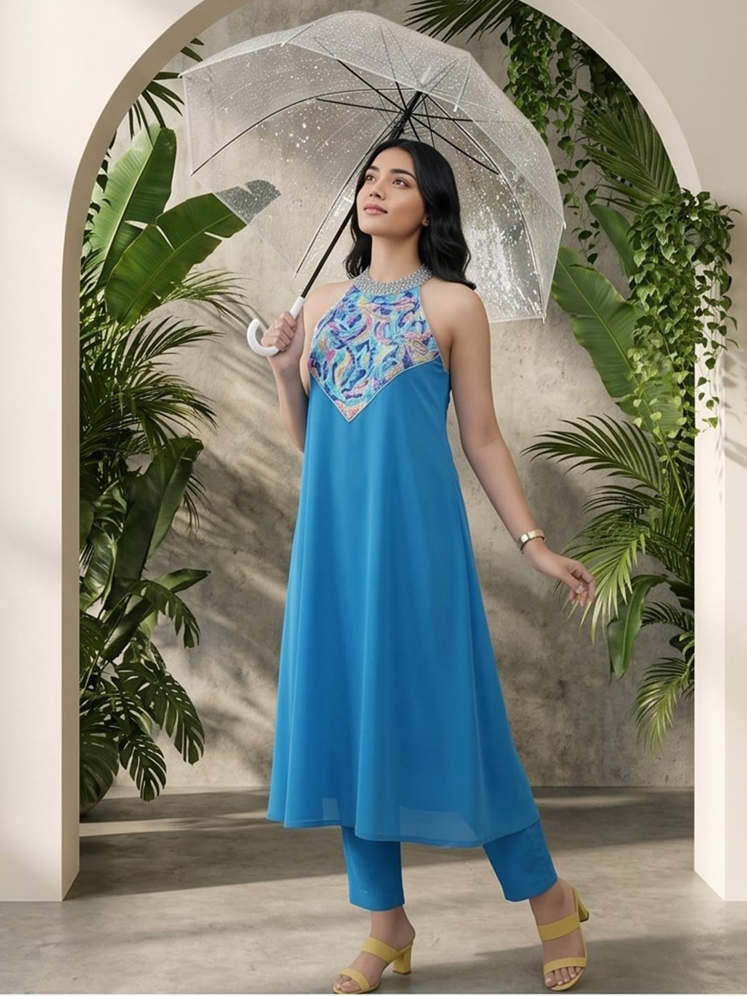 The Kurti Collection Women Halter Neck Blue Sleeveless Flared Kurta Paired With Tonal Bottom