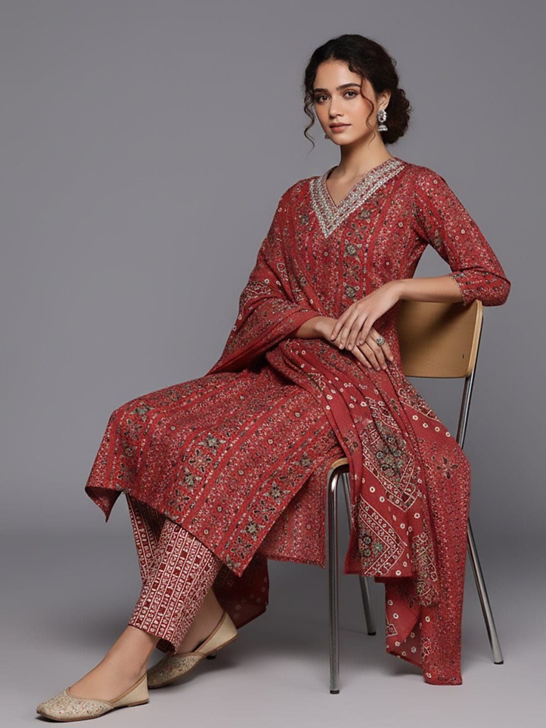 The Kurti Collection Women Red Printed V-Neck Embroidered Kurta With Bottom And Dupatta