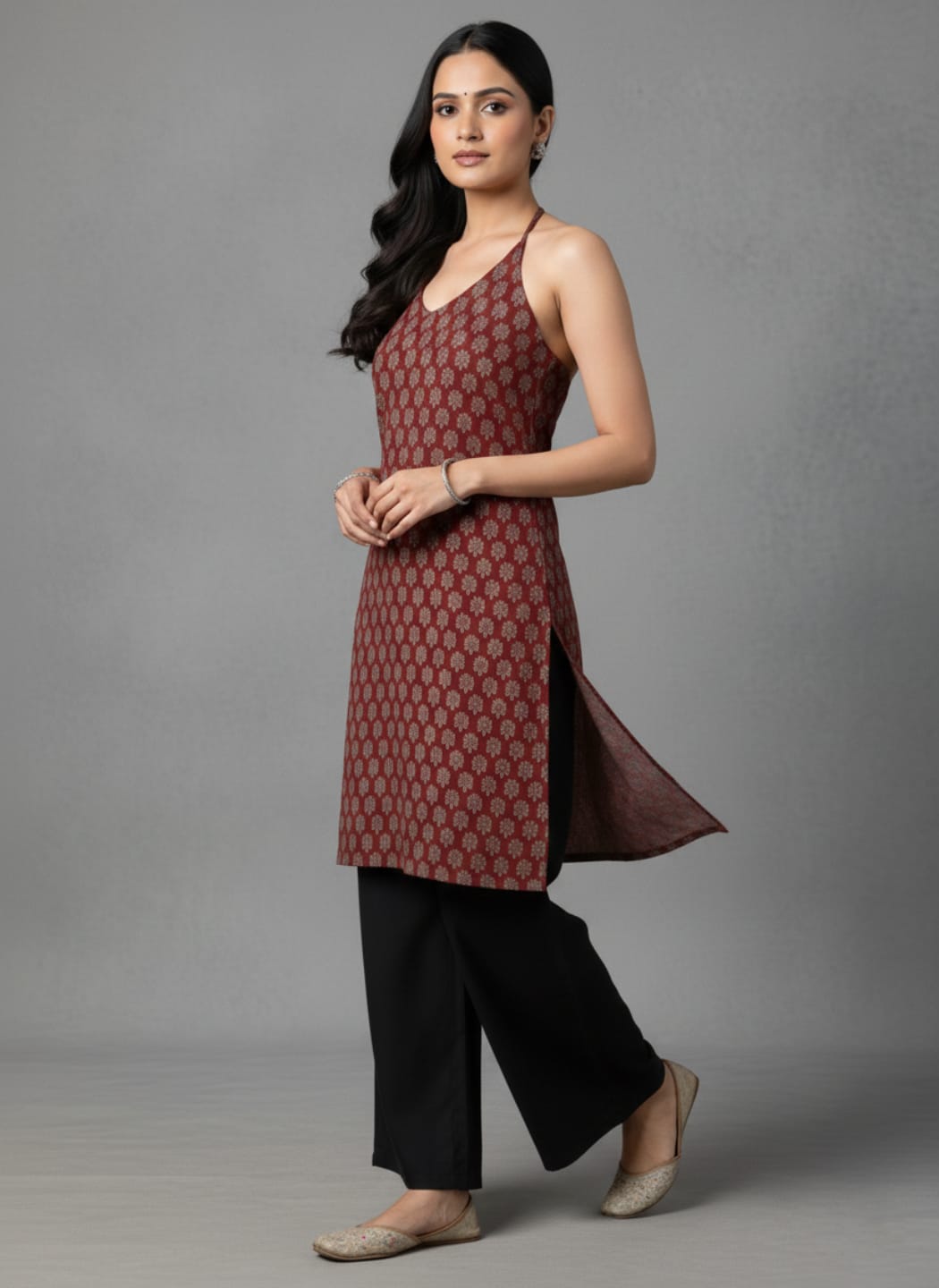 Rust Halter-Neck Backless Block Print Kurti