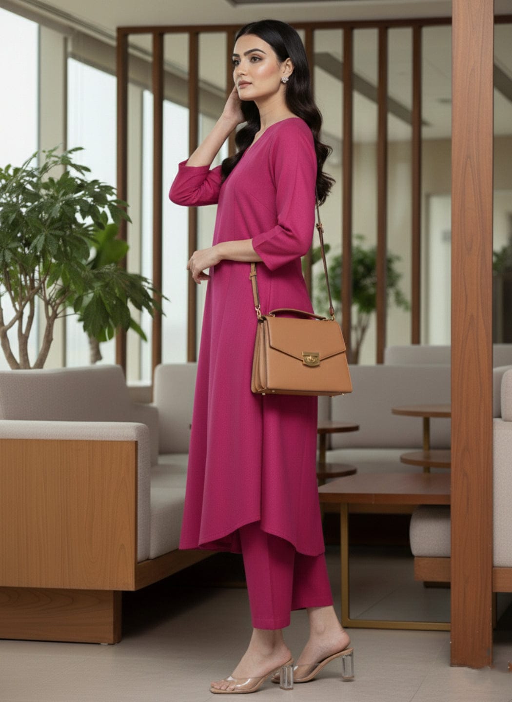 The Kurti Collection Women Magenta Solid A-Line Kurta Paired With Tonal Bottom