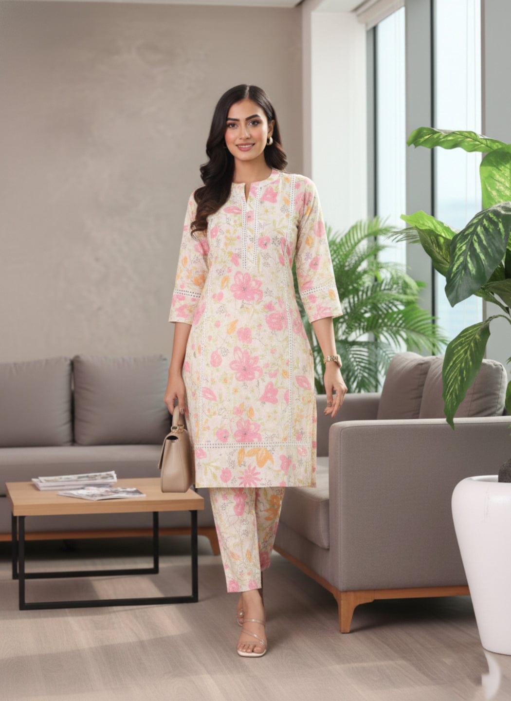 The Kurti Collection Women Off White Floral Printed Kurta With Bottom
