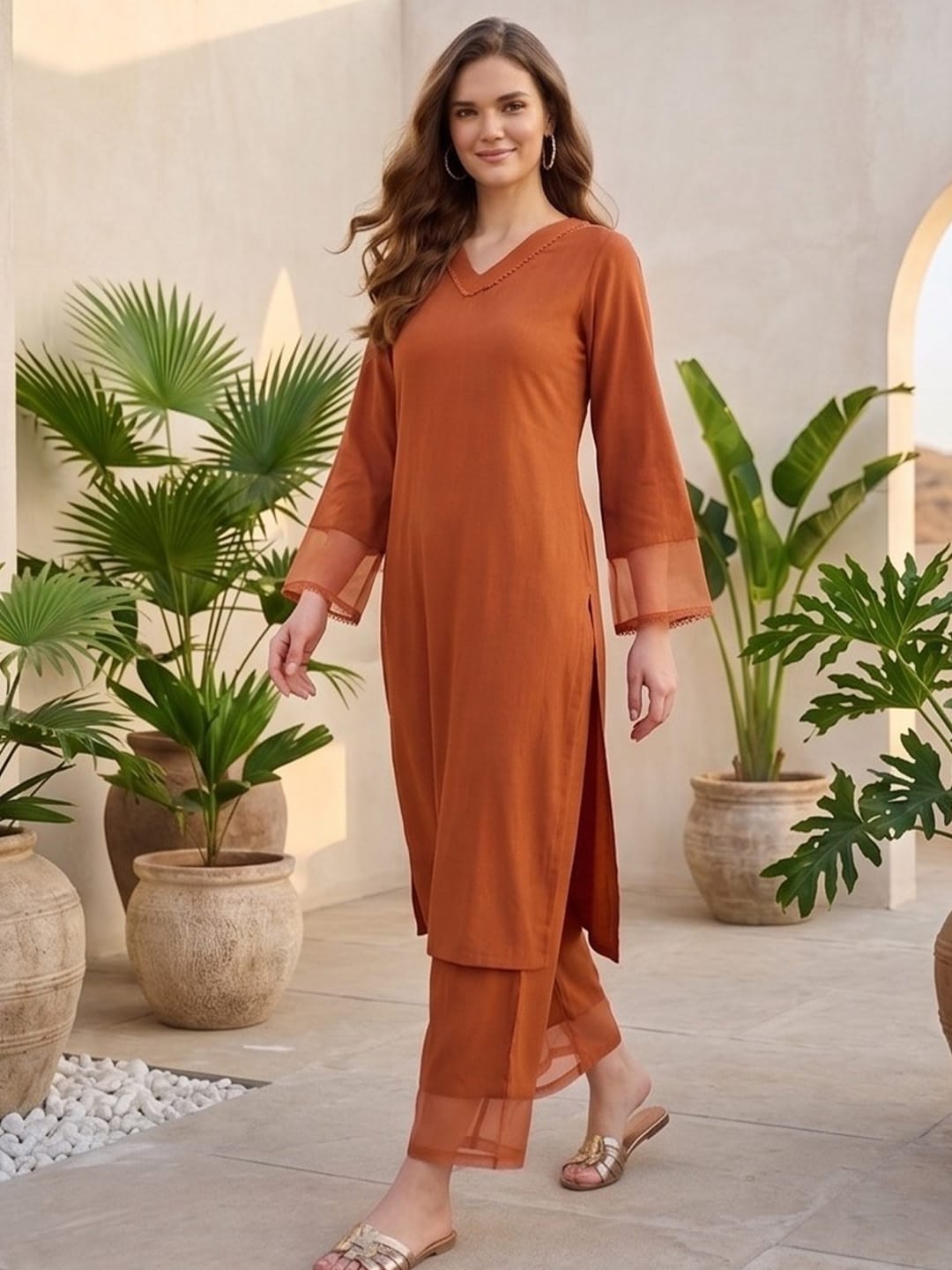 The Kurti Collection Women Rust Straight Kurta Paired With Tonal Trouser