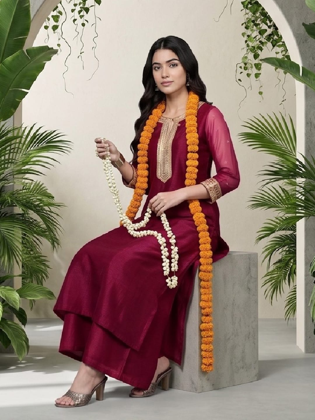 The Kurti Collection Women Fuchsia Lace Embellished Sleeveless Straight Kurta Paired With Tonal Plazzo And Dupatta