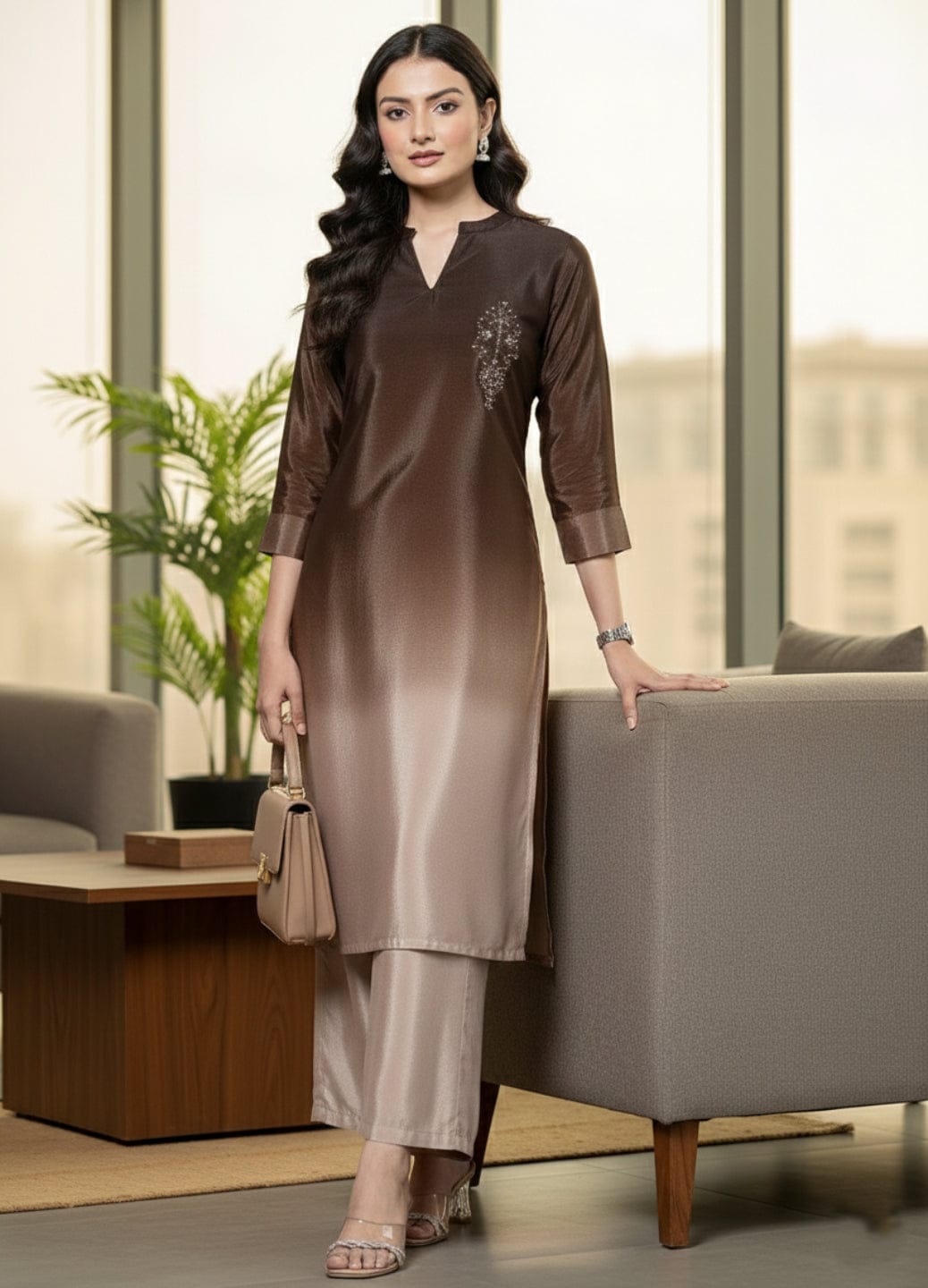 The Kurti Collection Women Mandarin Collar Placement Embroidered Kurta Paired With Tonal Bottom