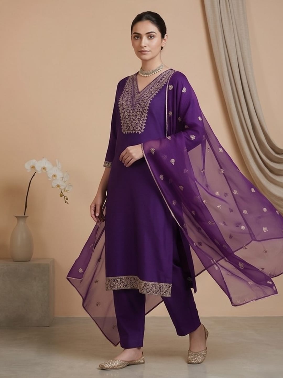 Varanga Women Zari Embroidered Yoke Kurta With Trouser & Sequins Detailed Dupatta