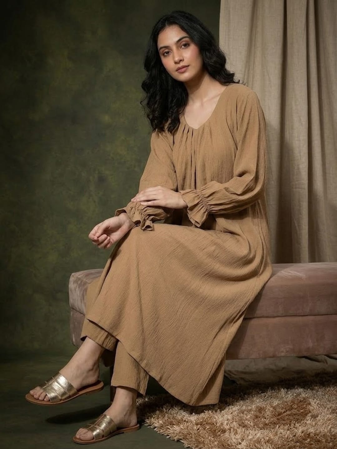 The Kurti Collection Women Beige Colour, Bishop Sleeve A-Line Kurta Paired With Tonal Bottom