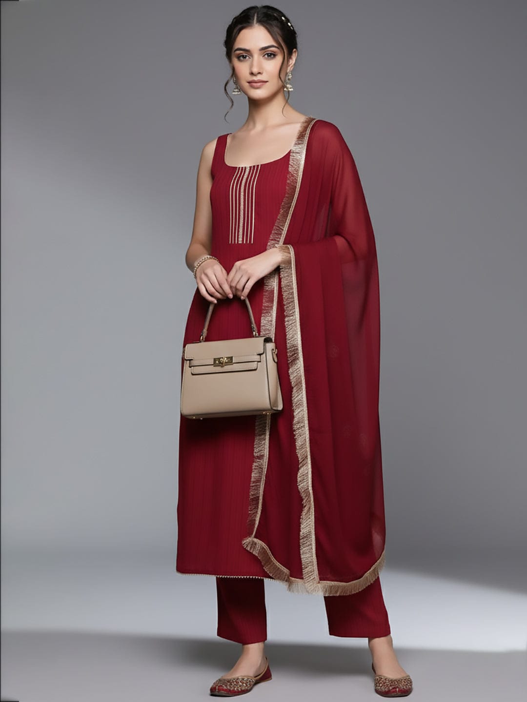 The Kurti Collection Women Maroon Round Neck, Spaghetti Strap Style Straight Kurta Paired With Tonal Bottom And Dupatta
