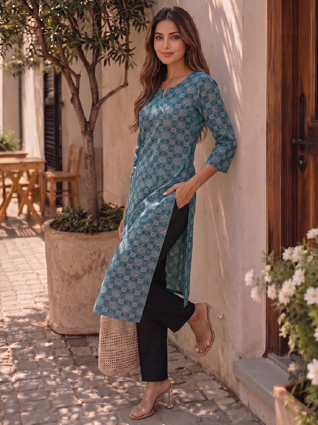 Teal Geometric Print Women's Kurta