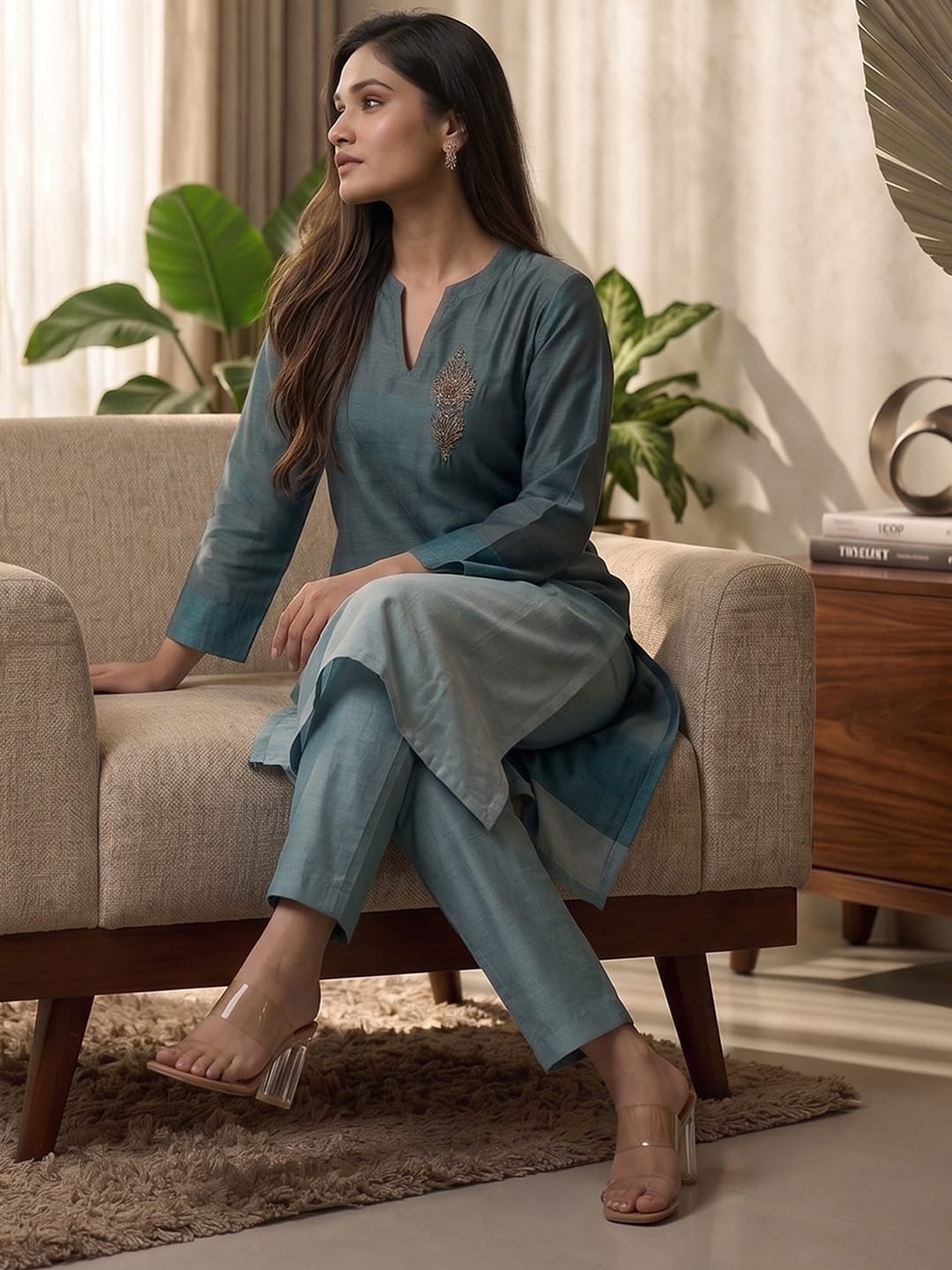 The Kurti Collection Women Mandarin Collar Placement Embroidered Kurta Paired With Tonal Bottom