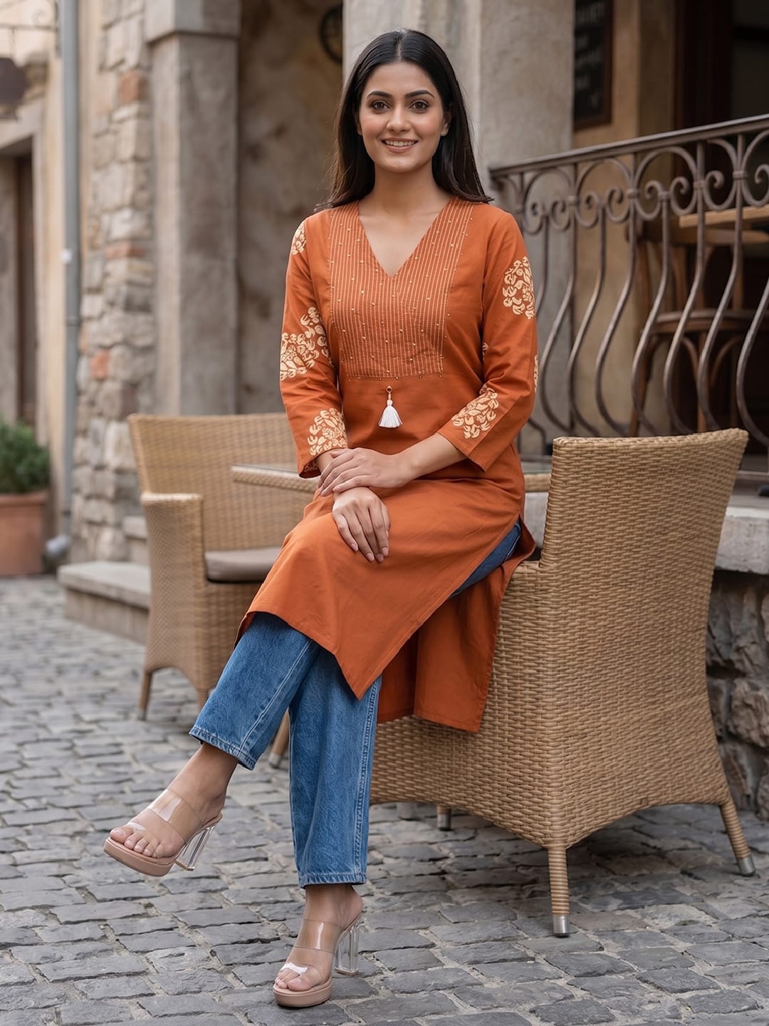 Rust Straight Kurta with Embroidered Yoke