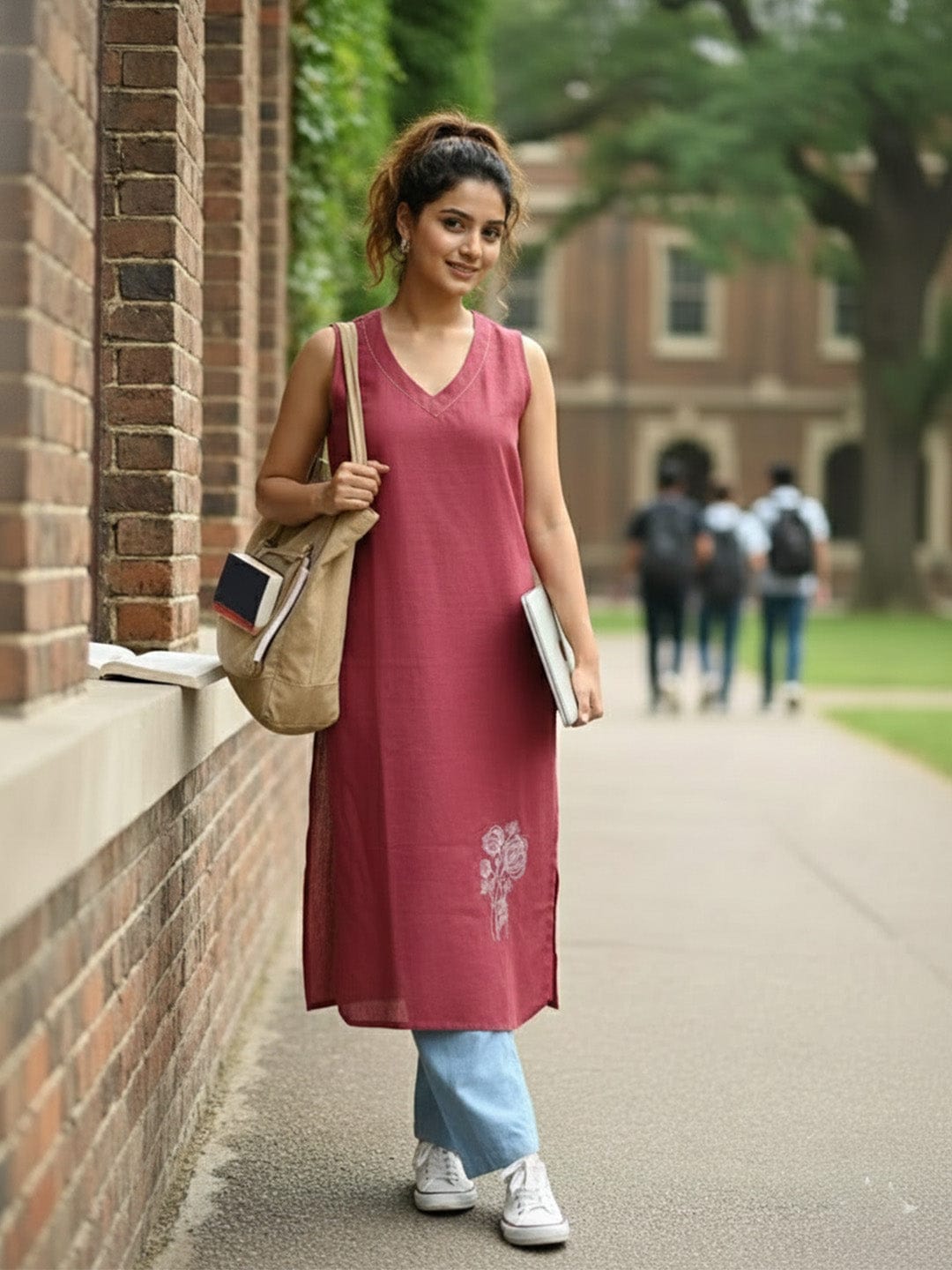 The Kurti Collection Sleeveless Solid Kurta with V-Neck and Subtle Floral Embroidery