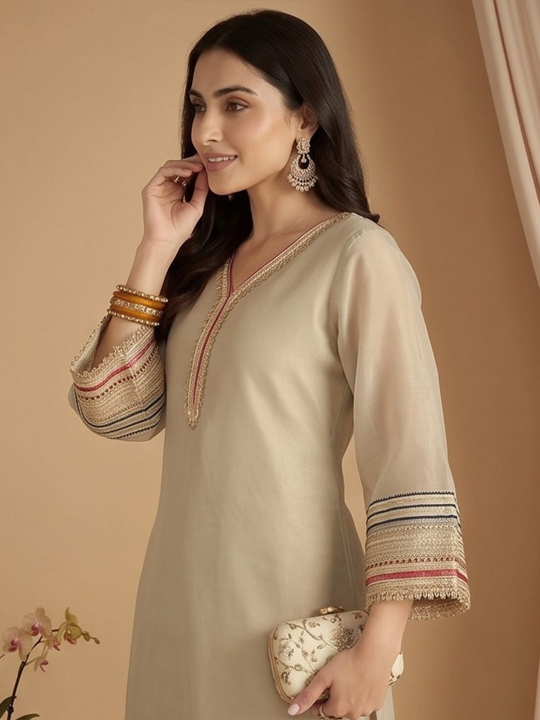 Varanga Women Three-Piece Set Featuring A Shimmer-Detailed Grey Kurta, Solid Ankle-Length Trousers, And An Embroidered Net Dupatta