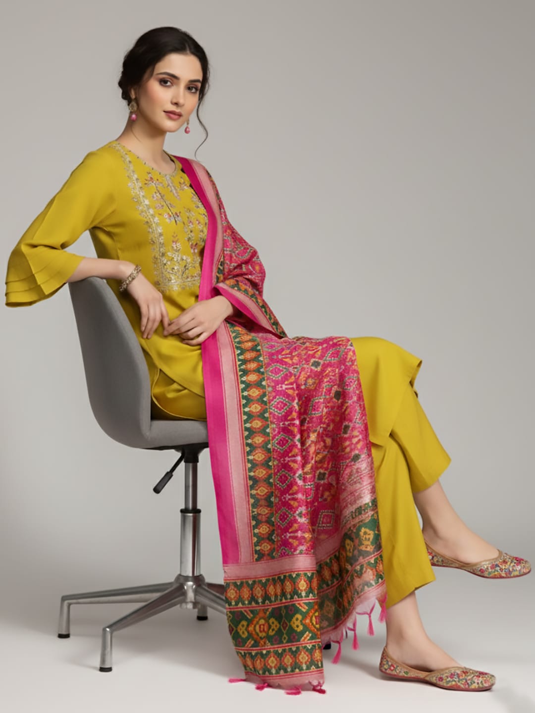 The Kurti Collection Women Yellow Yoke Design Kurta with Trousers and Dupatta Set