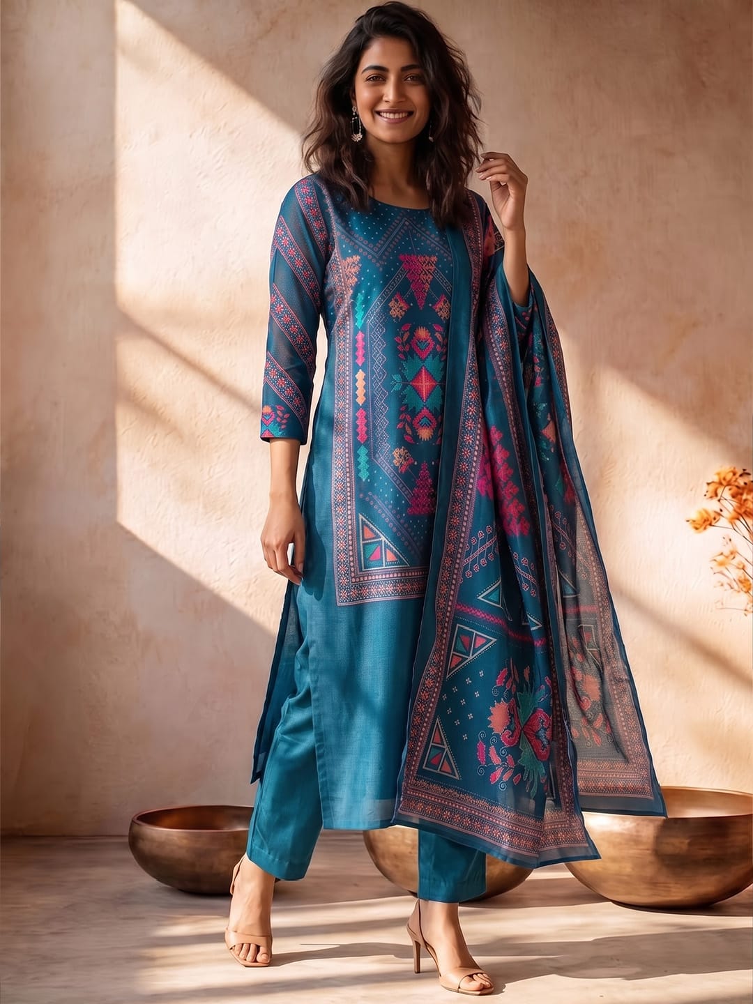 Kurta Set Featuring Artistic Prints And A Statement Dupatta