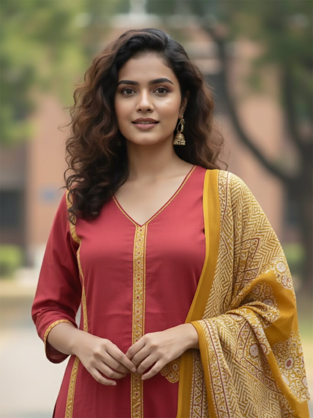 Rust Anarkali kurta set featuring multicolour buta prints, embroidered V-neck and sleeves, paired with solid straight-fit trousers and a tasselled dupatta.