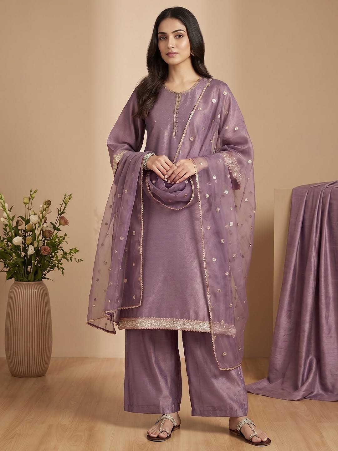 Varanga Women Elegant Three-Piece Brown Shimmer Kurta Set With Solid Ankle-Length Trousers, And An Embroidered Dupatta