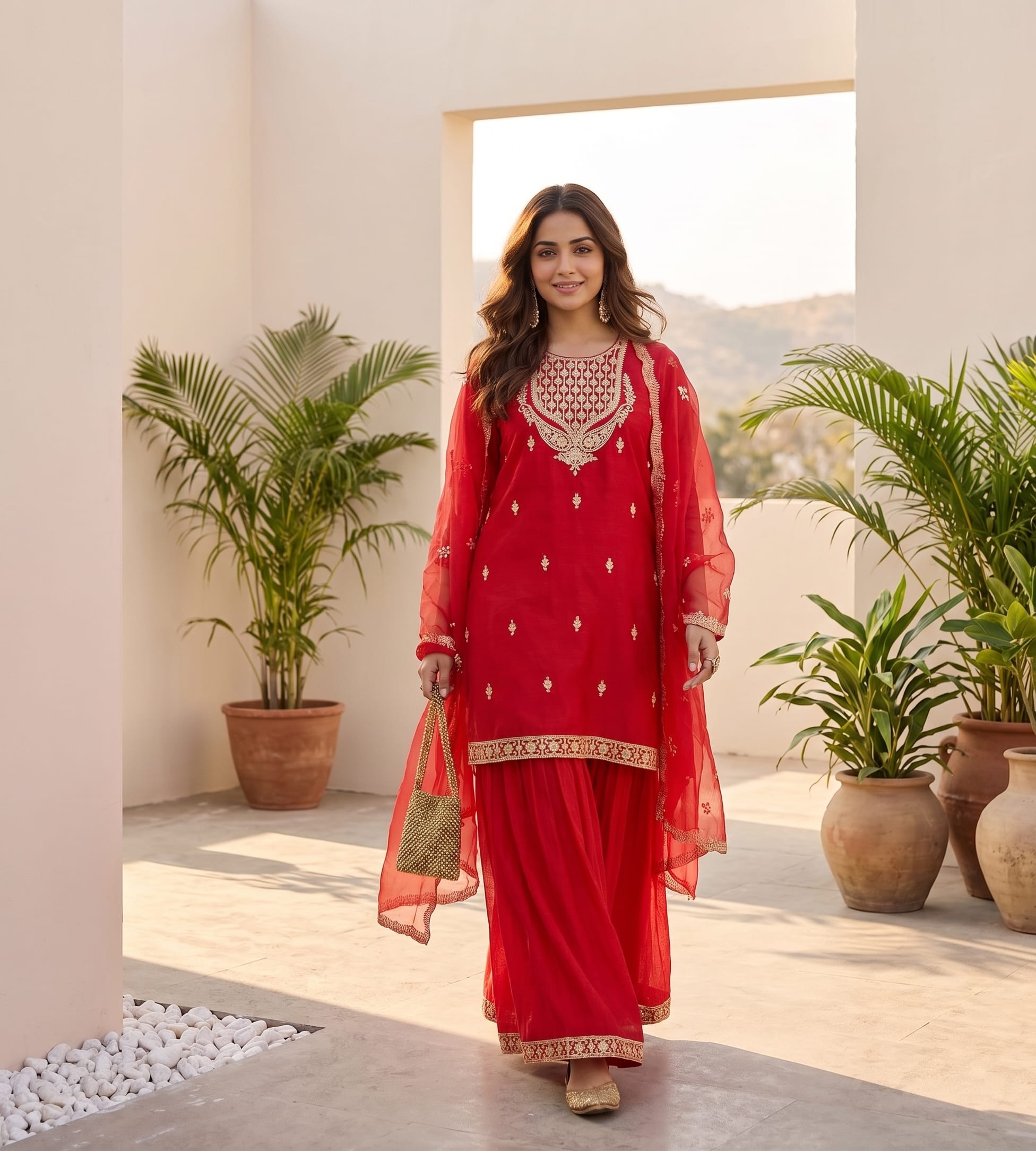 Zari Work Kurta With Sharara And Dupatta