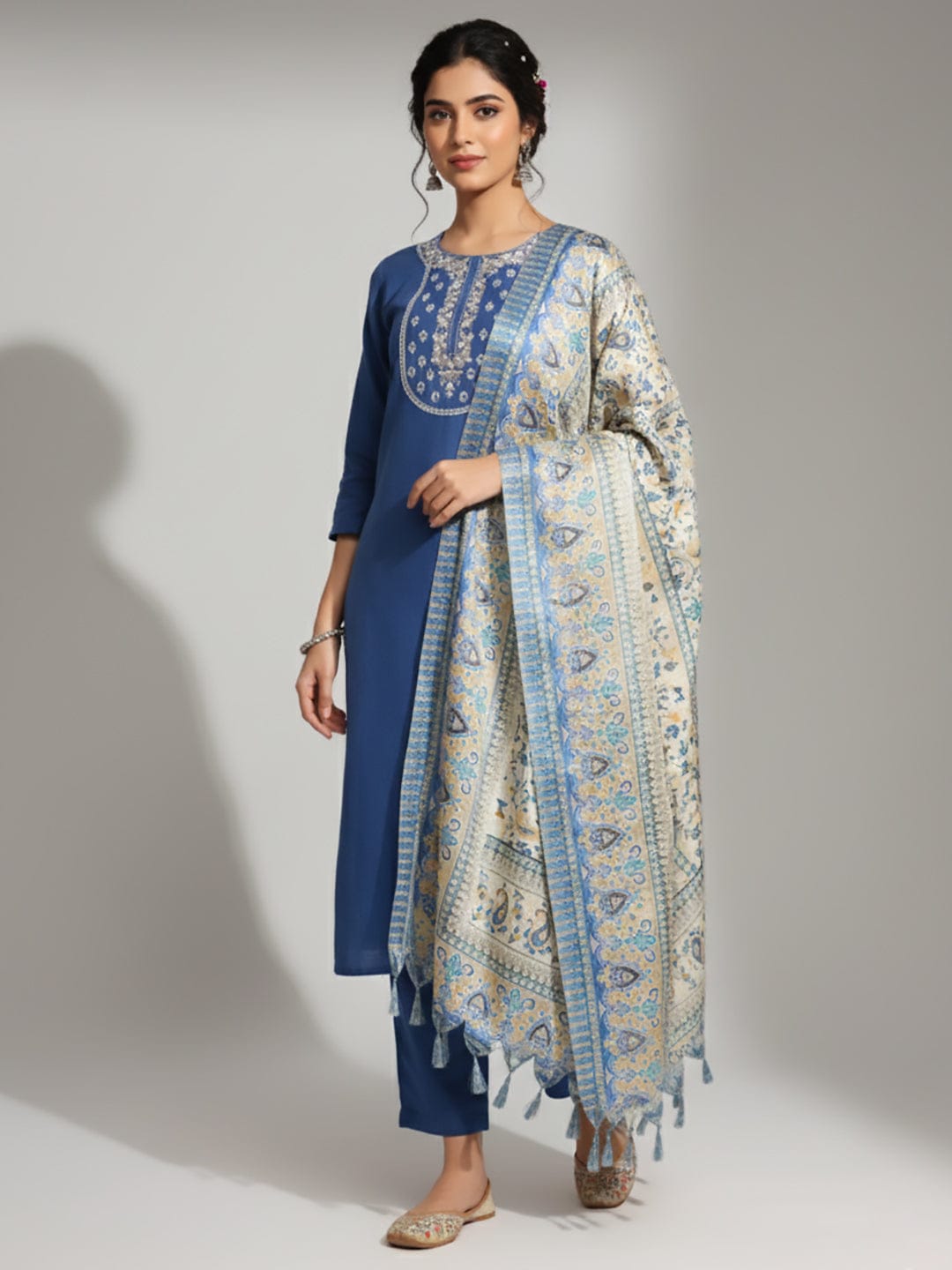 The Kurti Collection Women Embroidered Yoke Straight Kurta Paired With Tonal Bottom And Printed Bhagalpuri Dupatta