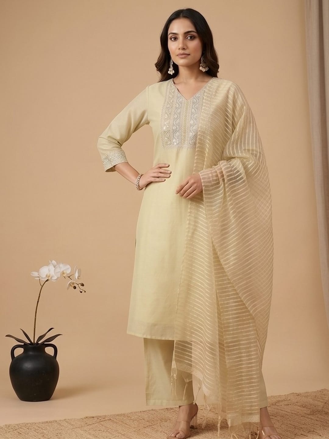 Varanga Women Shimmer Fabric Kurta Set Paired With Tonal Bottom With Sparkling Lurex Dupatta
