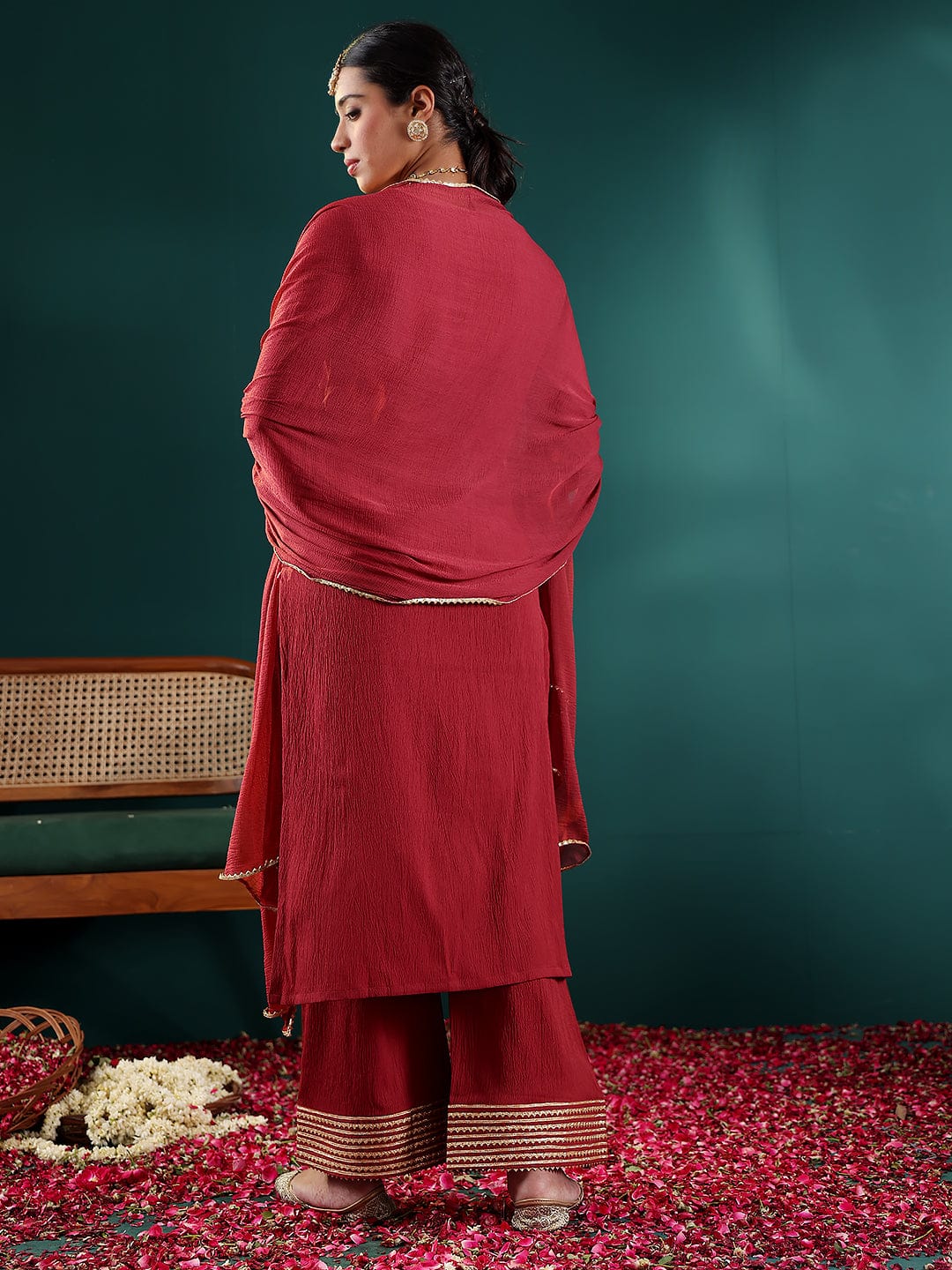 The Kurti Collection Women Maroon Gota Embellished Kurta With Bottom And Dupatta