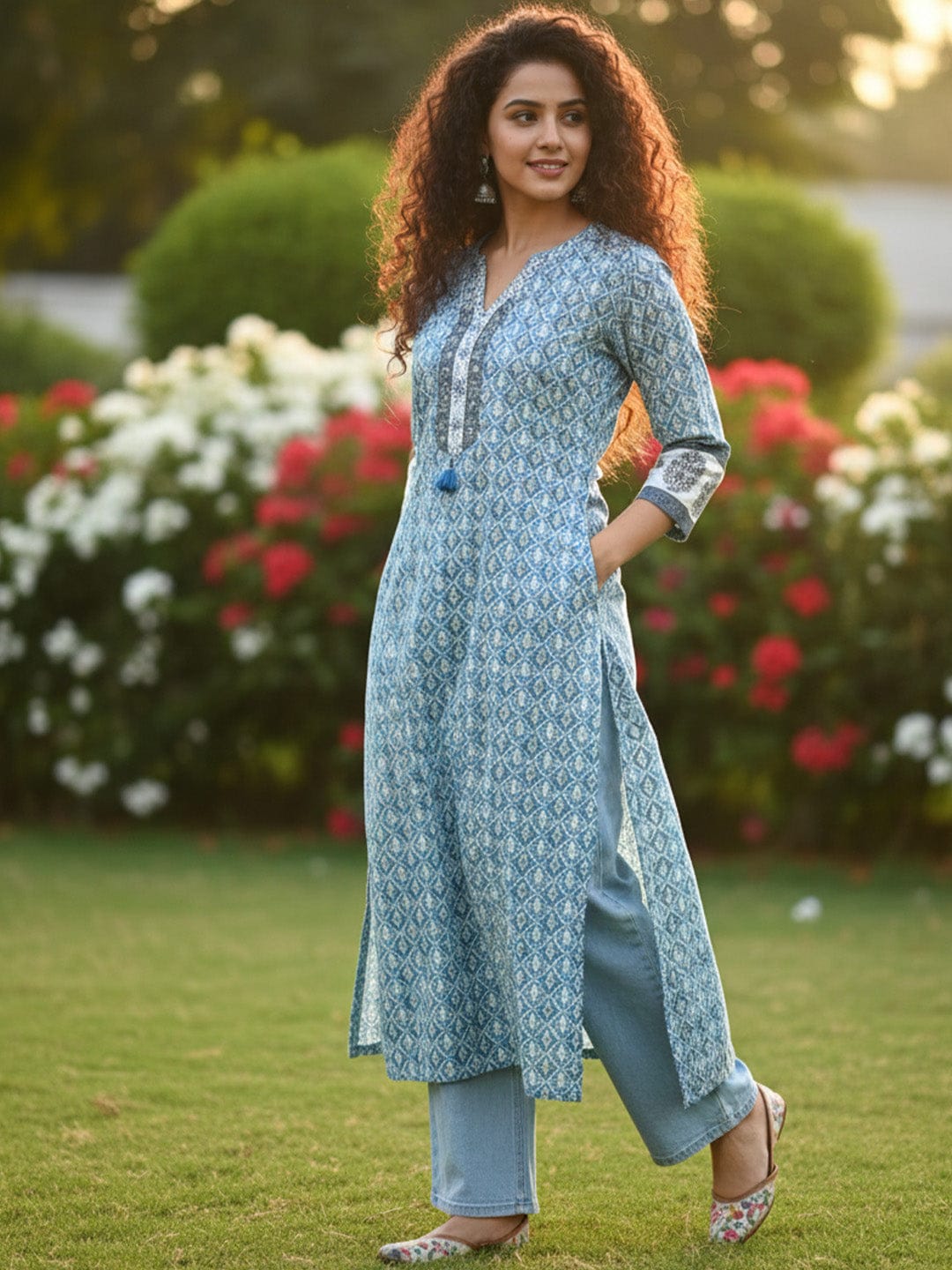 The Kurti Collection Blue Breeze Block-Print pure cotton Kurta
