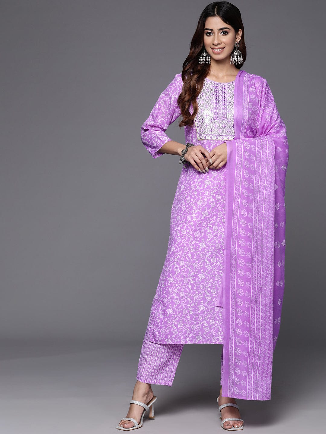 The Kurti Collection Women Lavender Floral Printed Embroidered Kurta Paired With Bottom And Dupatta