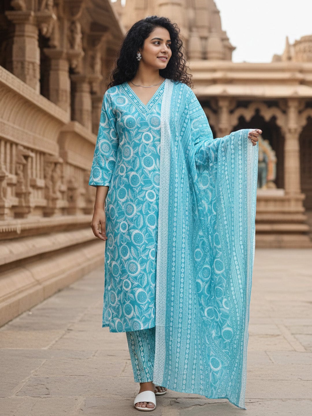 Turquoise Bloom pure cotton kurta Set