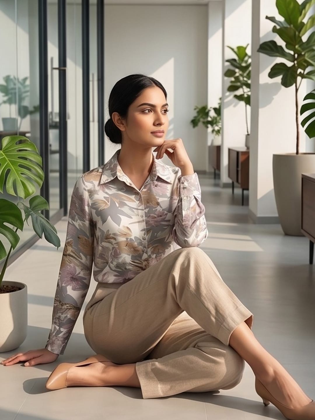 White Coloured Slim Collar Long Sleeves Floral Shirt