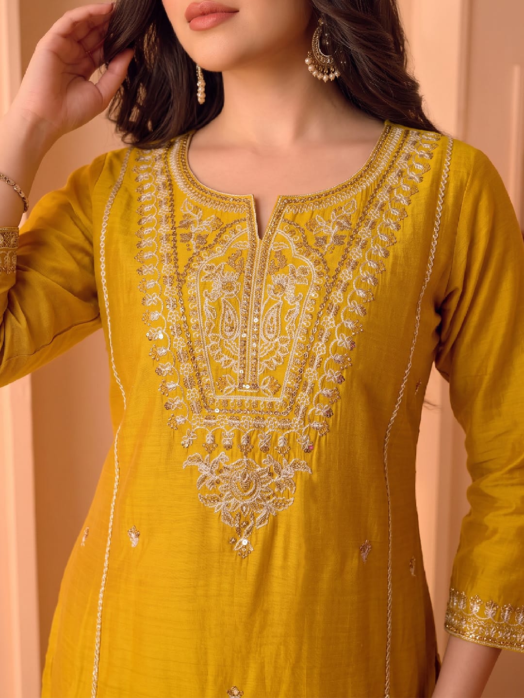 Mustard Embroidered Kurta Set, Paired With A Shiny Striped Dupatta