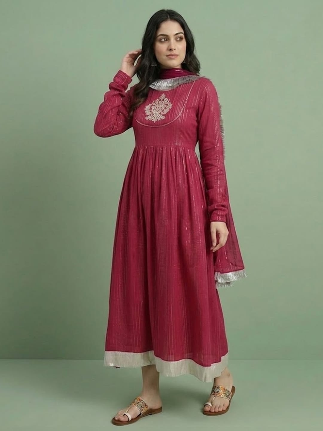 The Kurti Collection Women Fushia Emboridered Anarkali Kurta