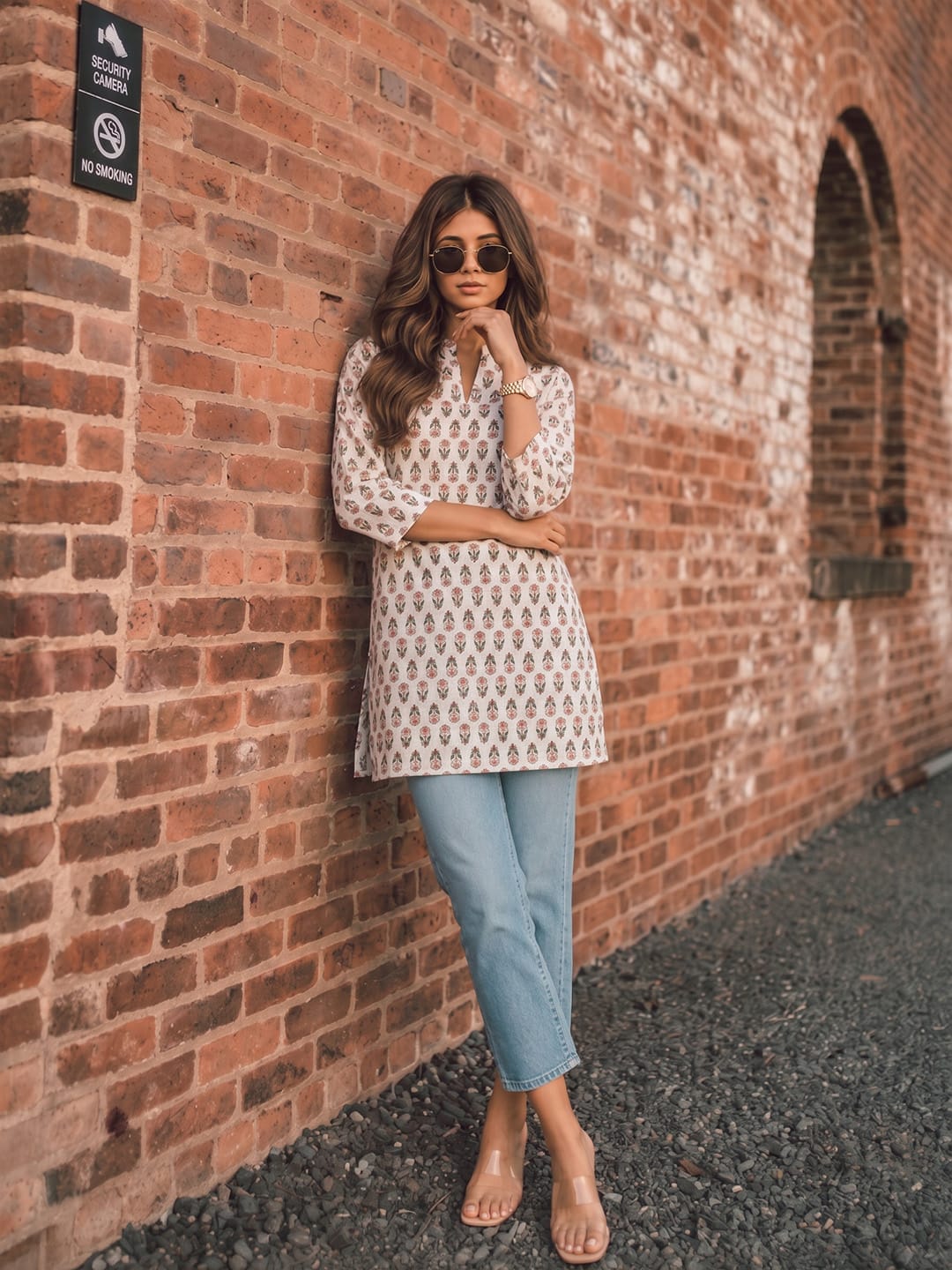 Women's Off-White Floral Block Print Tunic Top